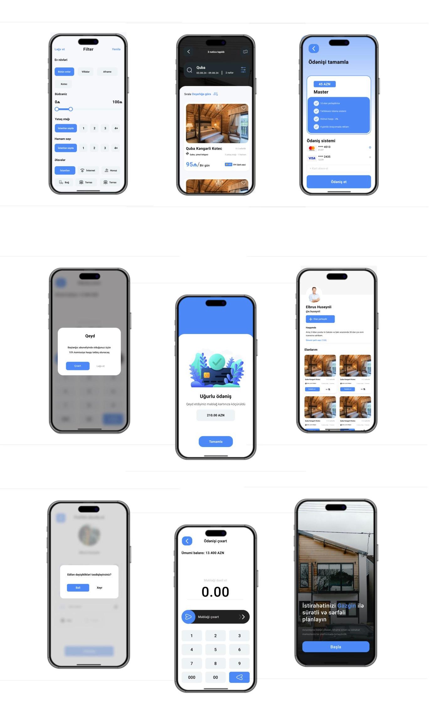 More Gazgin screens: filter, search results, checkout, dialogs, successful payment, owner profile, withdrawal and onboarding