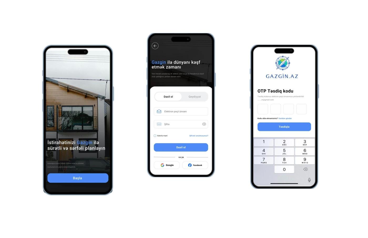 Onboarding, login and OTP verification screens