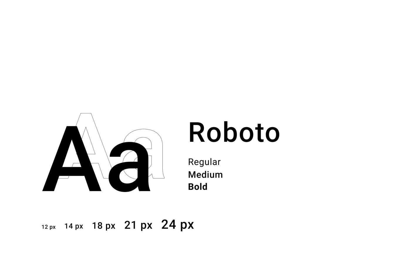 Roboto typeface in regular, medium and bold, sizes 12 to 24 px
