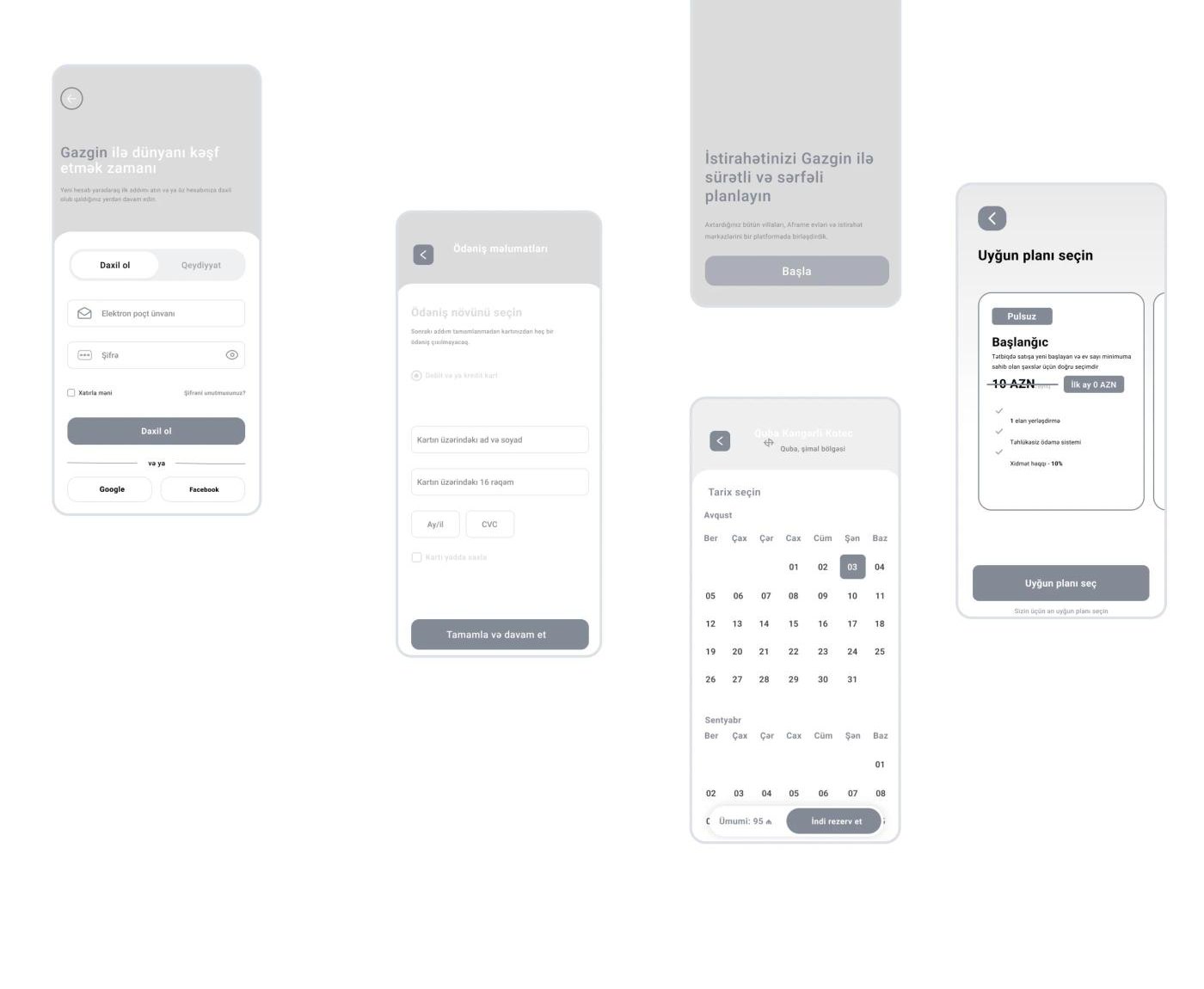 Grayscale wireframes of login, payment, onboarding, date picker and subscription screens