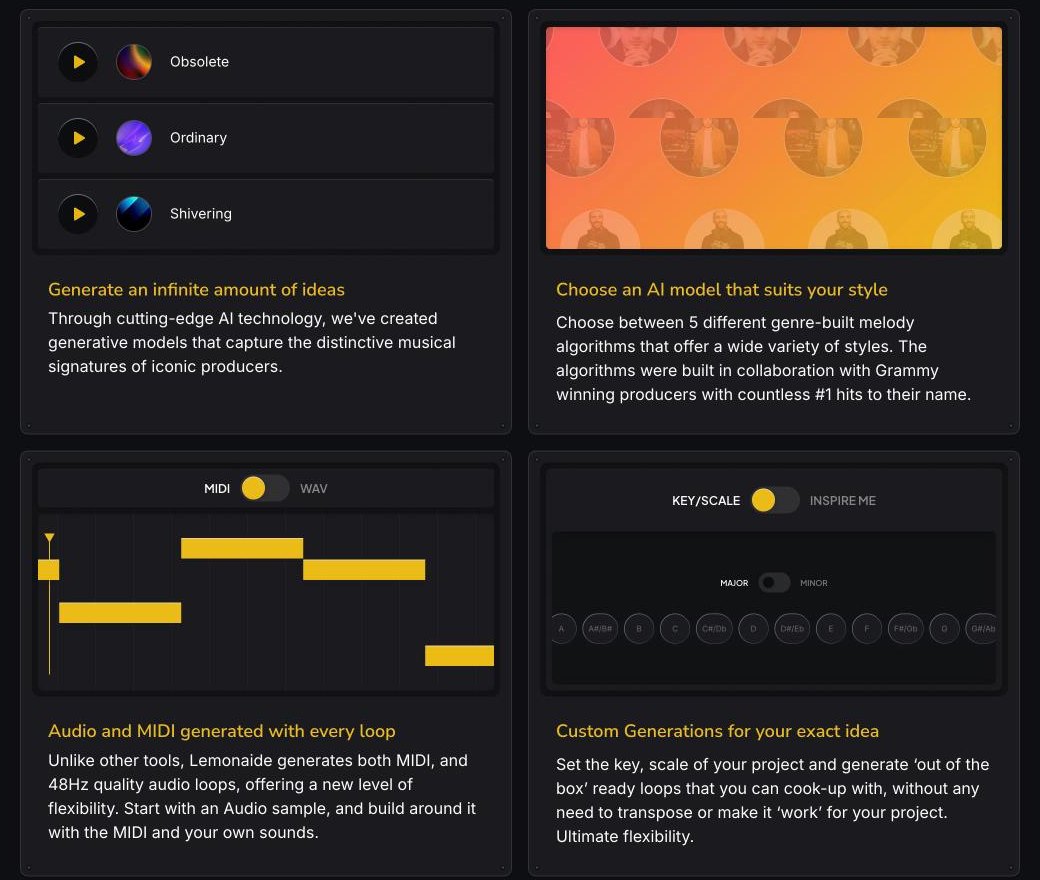 Feature cards with loop players, model artwork, MIDI notes and key selector