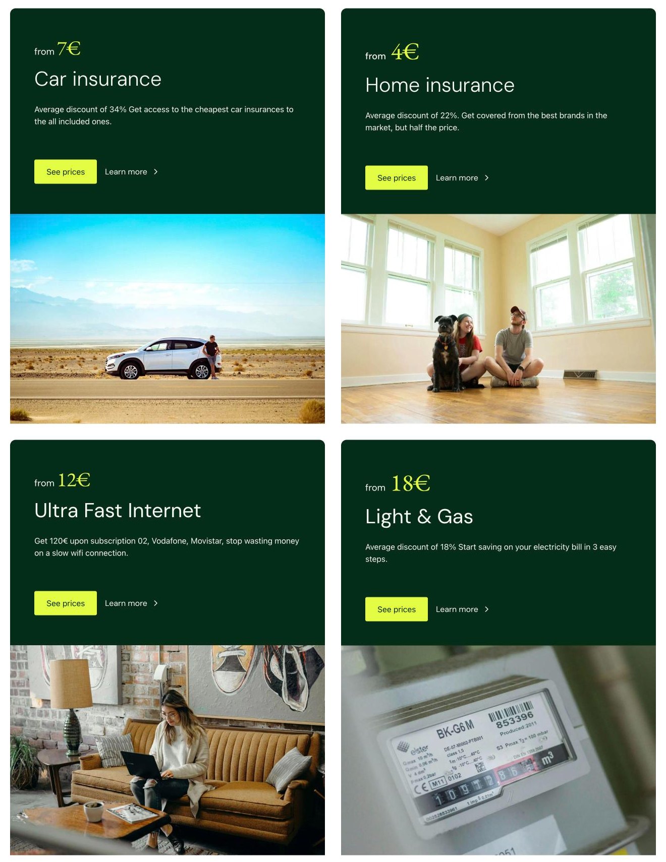 Service cards for car insurance, home insurance, internet and light & gas